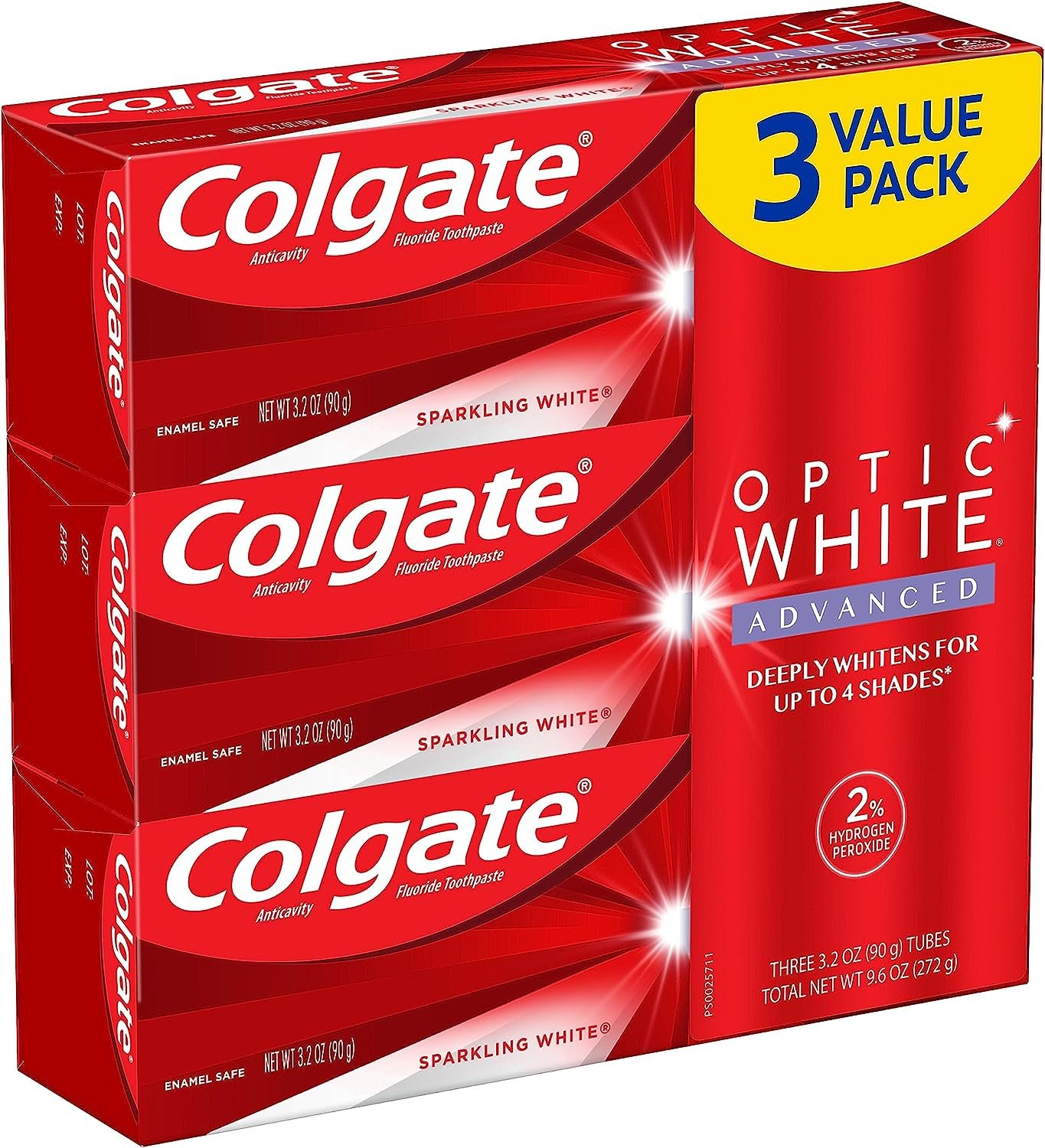 Colgate Optic White Advanced Teeth Whitening Toothpaste, 2% Hydrogen Peroxide Toothpaste, Sparkling White, 3.2 Oz, 3 Pack