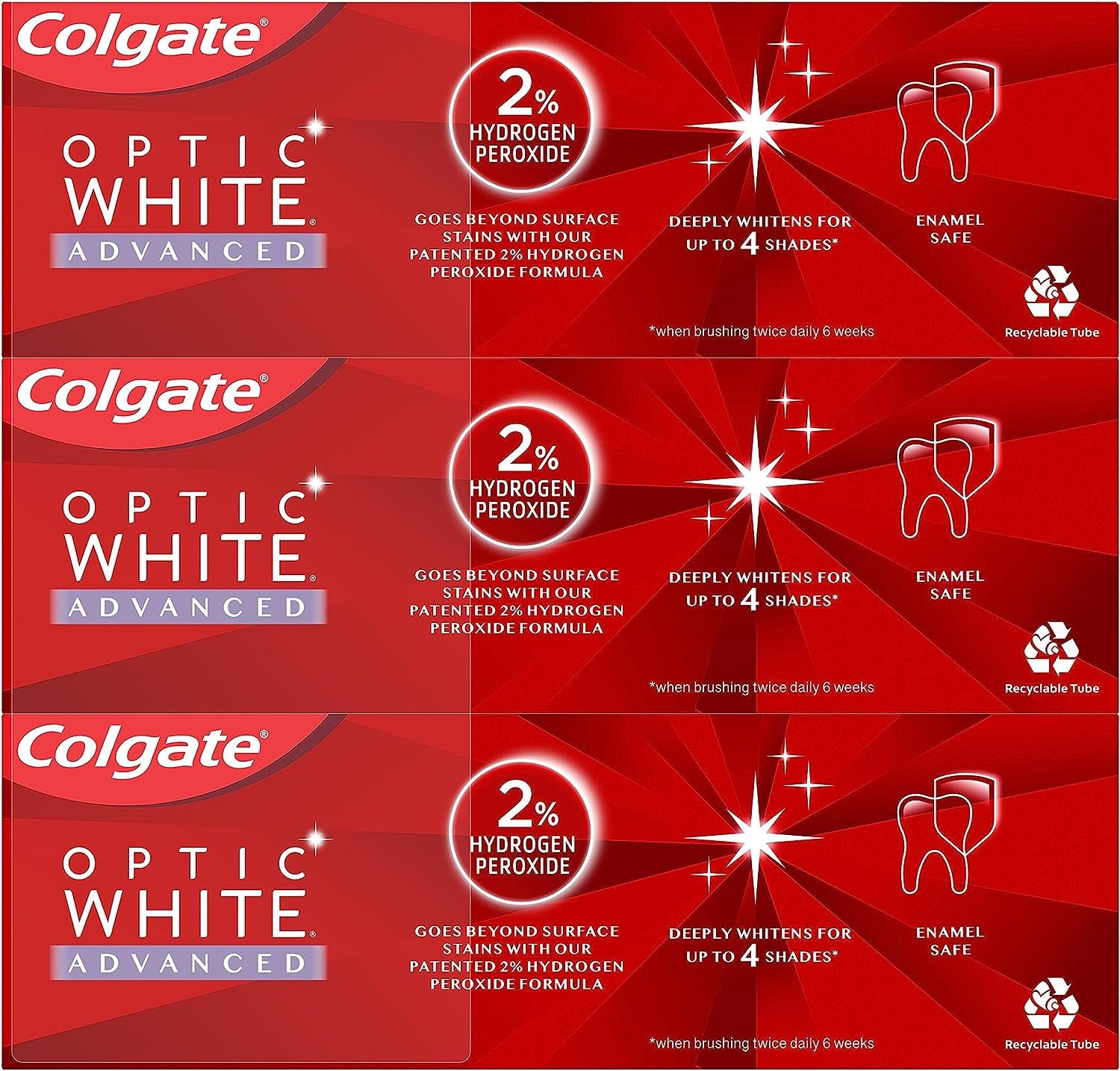 Colgate Optic White Advanced Teeth Whitening Toothpaste, 2% Hydrogen Peroxide Toothpaste, Sparkling White, 3.2 Oz, 3 Pack