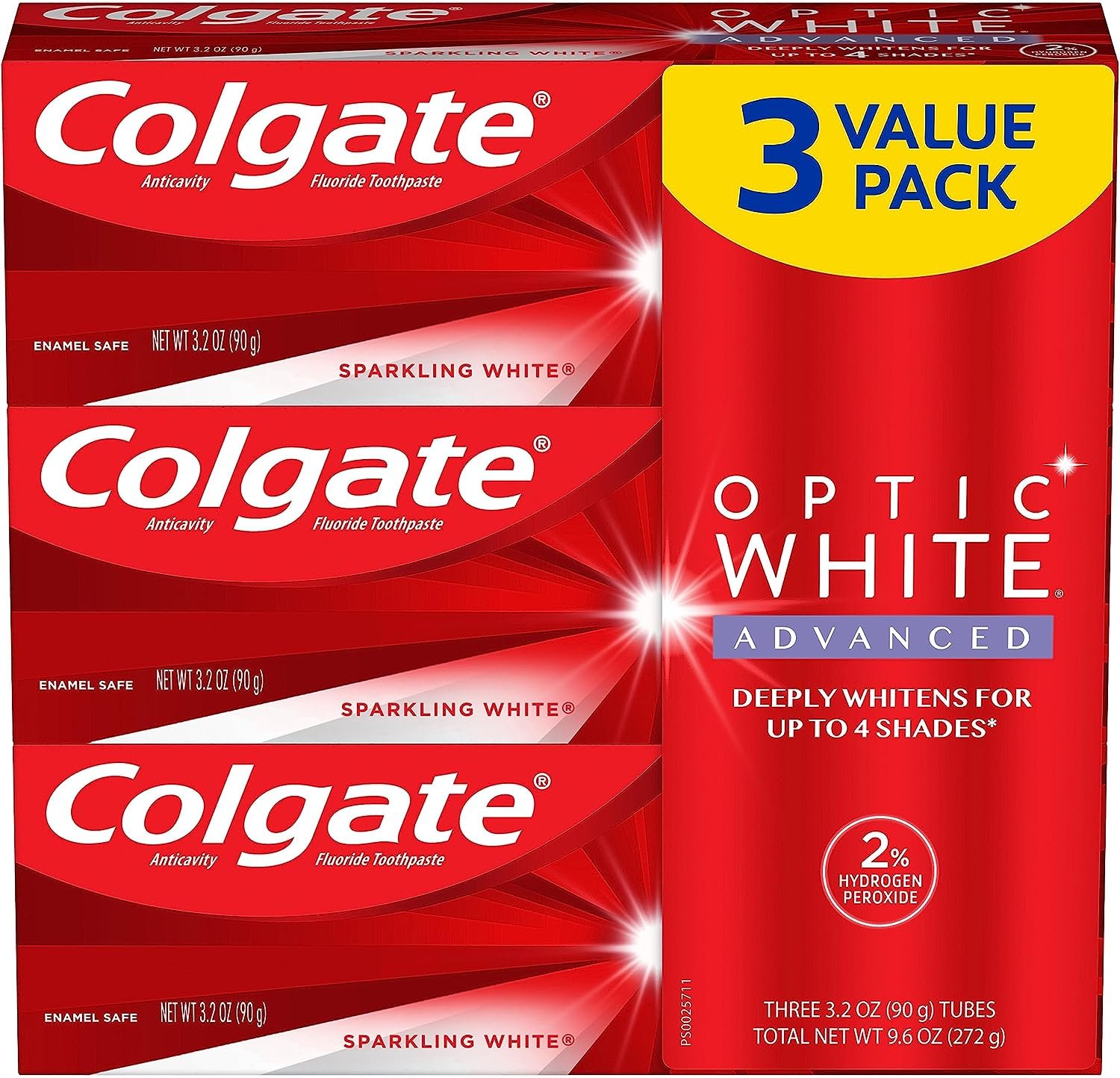 Colgate Optic White Advanced Teeth Whitening Toothpaste, 2% Hydrogen Peroxide Toothpaste, Sparkling White, 3.2 Oz, 3 Pack