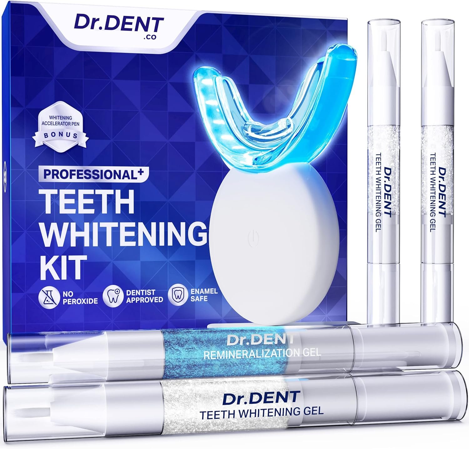 DrDent Professional LED Teeth Whitening Kit - Carbamide Peroxde Sensitivity Free Formula - (3) Teeth Whitening Gel Pens 30+ Whitening Sessions - (1) Remineralization Gel - Rapid Effective Results