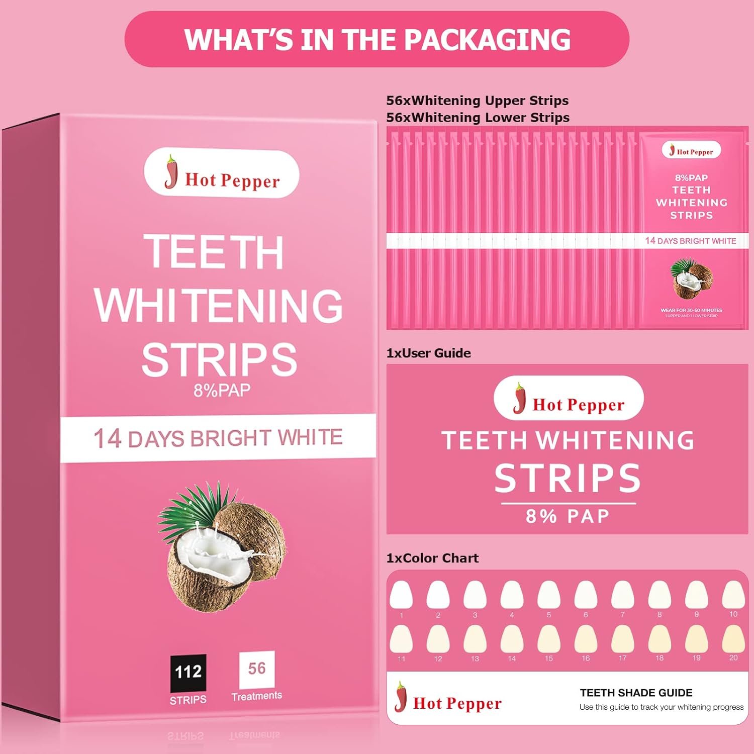 Hot Pepper Professional Teeth Whitening Strip Kit with 8% Pap, 56 Pouches 112 Tooth Whitening Strips for Sensitive Teeth (Coconut)