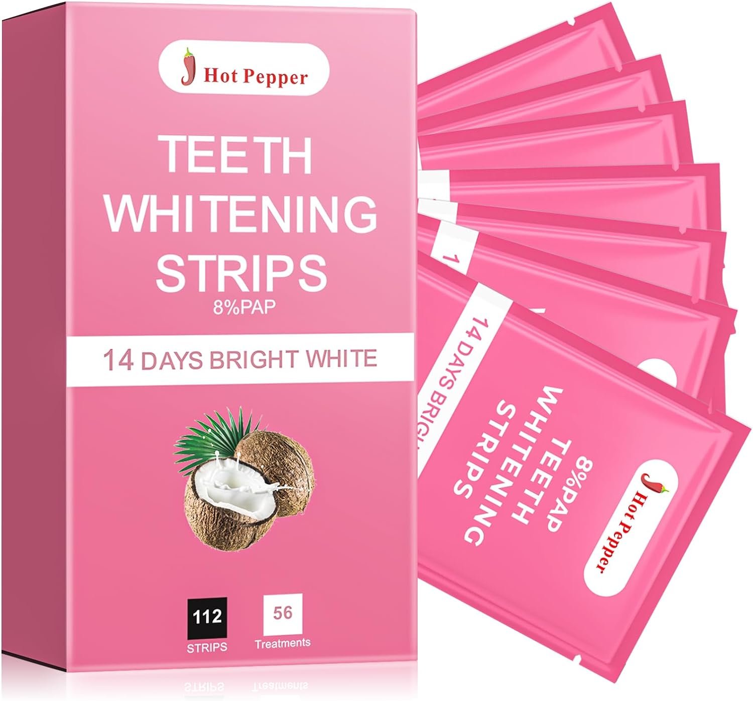 Hot Pepper Professional Teeth Whitening Strip Kit with 8% Pap, 56 Pouches 112 Tooth Whitening Strips for Sensitive Teeth (Coconut)