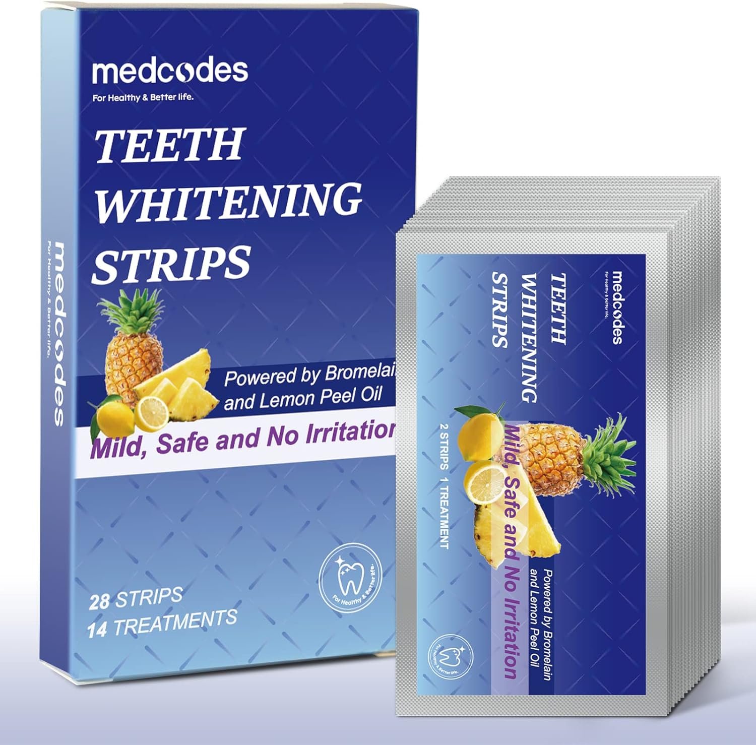 medcodes Teeth Whitening Strips for Sensitive Teeth, 28 Express White Strips, No Peroxide, No Slip, Professional Enamel Safe Teeth Whitening Kit for Remove Coffee Tea Smoking Stains, 14 Treatments