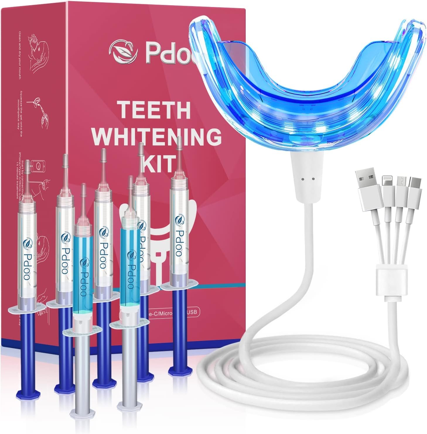 PDOO Teeth Whitening Kit with LED Light for Sensitive Teeth, Fast Results for Teeth Whitening at Home, Carbamide Peroxide Teeth Whitening Gel Helps Remove All Kinds of Stain