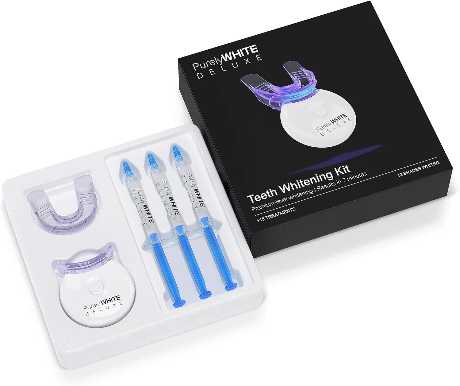 PurelyWHITE DELUXE Teeth Whitening Kit, Complete LED Teeth Whitening, 15+ Treatments, (3) 3ml Whitening Gel Syringes, Whiter Smile in 7 Minutes