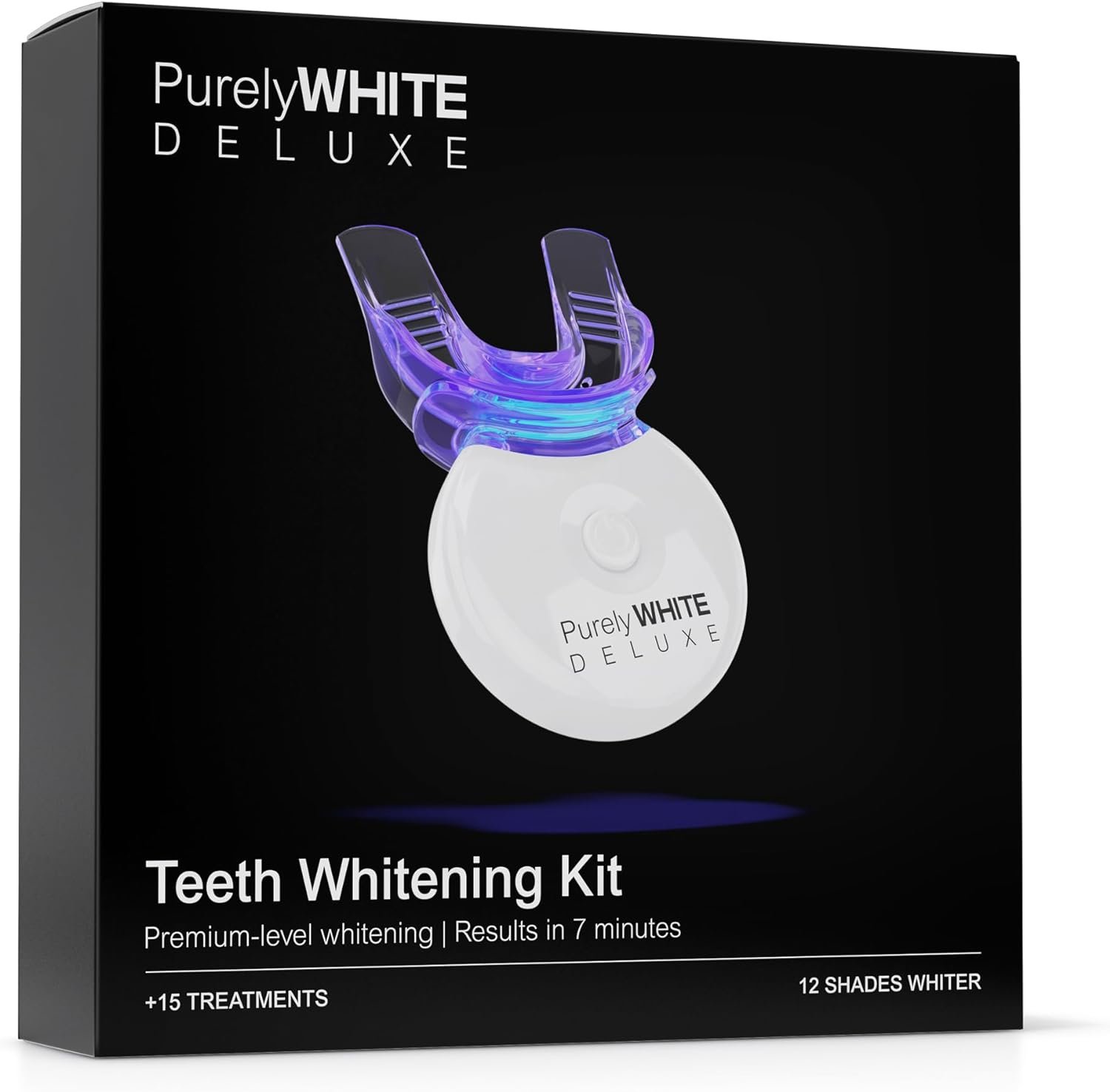 PurelyWHITE DELUXE Teeth Whitening Kit, Complete LED Teeth Whitening, 15+ Treatments, (3) 3ml Whitening Gel Syringes, Whiter Smile in 7 Minutes