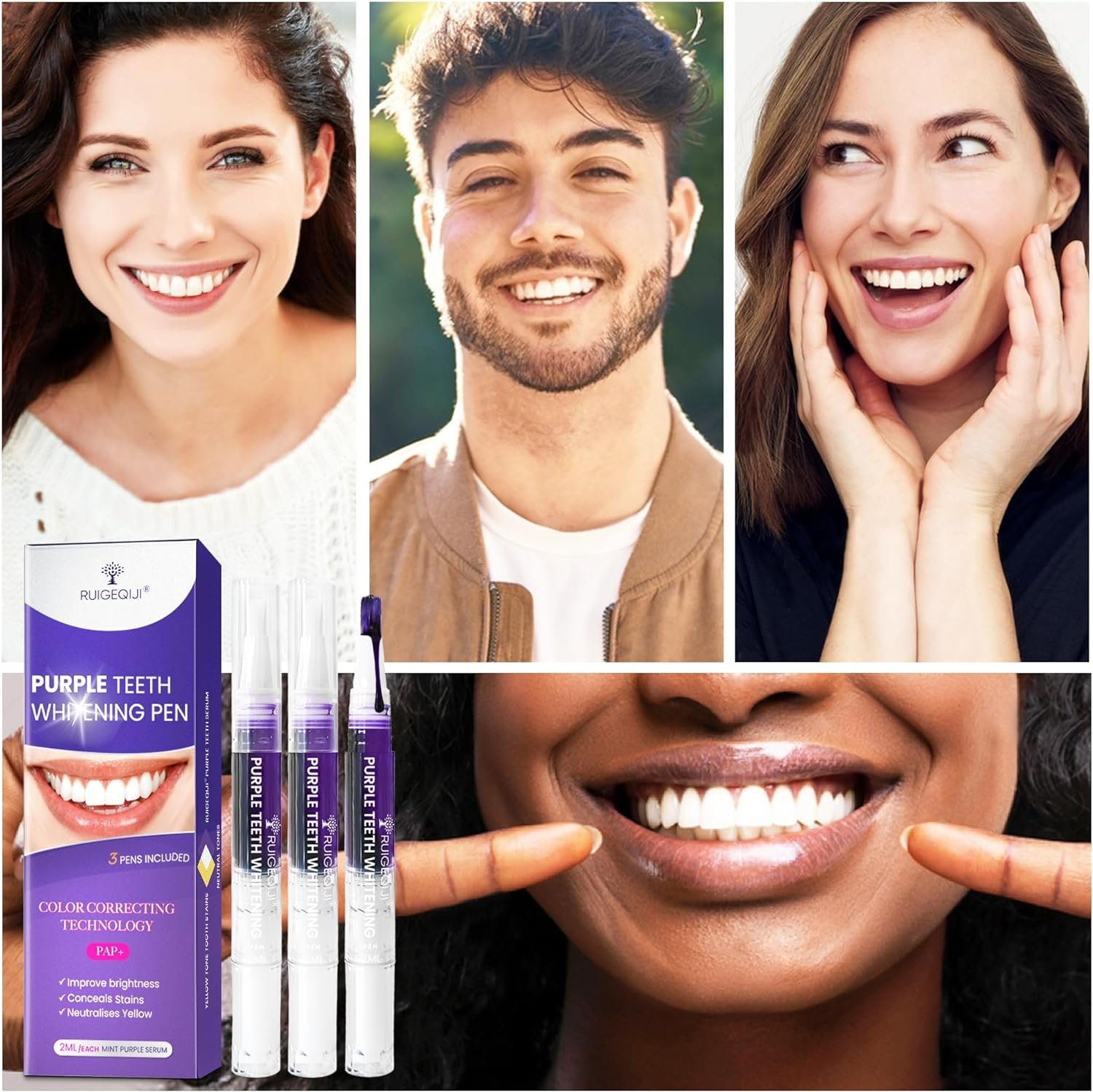 Purple Teeth Whitening Pen, Purple Toothpaste for Teeth Whitening, V34 Color Corrector Toothpaste, Purple Toothpaste Whitening, Teeth Whitening Kit for Sensitive Teeth, with Pap, 3 Pen, by RUIGEQIJI