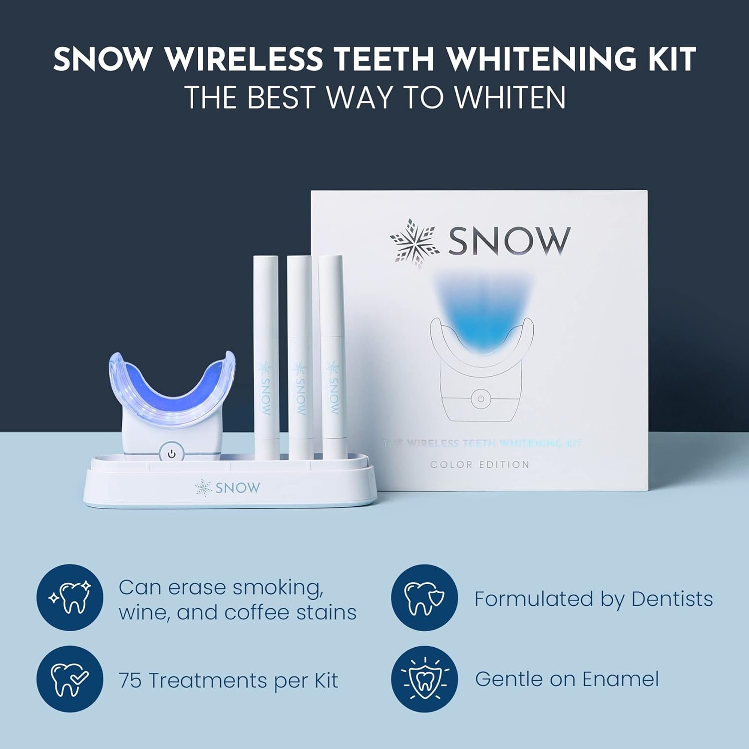 Snow Limited Edition Teeth Whitening Wireless Kit, Teeth Whitening Kit with LED Light, Water-Resistant Whitening Kit, 3 Whitening Wands and Wireless LED Mouthpiece, Ultra-Portable Whitener - (White)