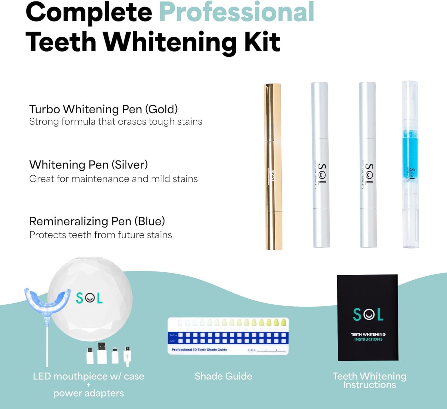 Sol Professional Teeth Whitening Kit with LED Light, Non-Sensitive Fast Tooth Whitener, All Natural, Vegan, 3 Carbamide Peroxide Whitening Gel 1 Remineralizing Pen, Shade Guide Case, 50 Sessions