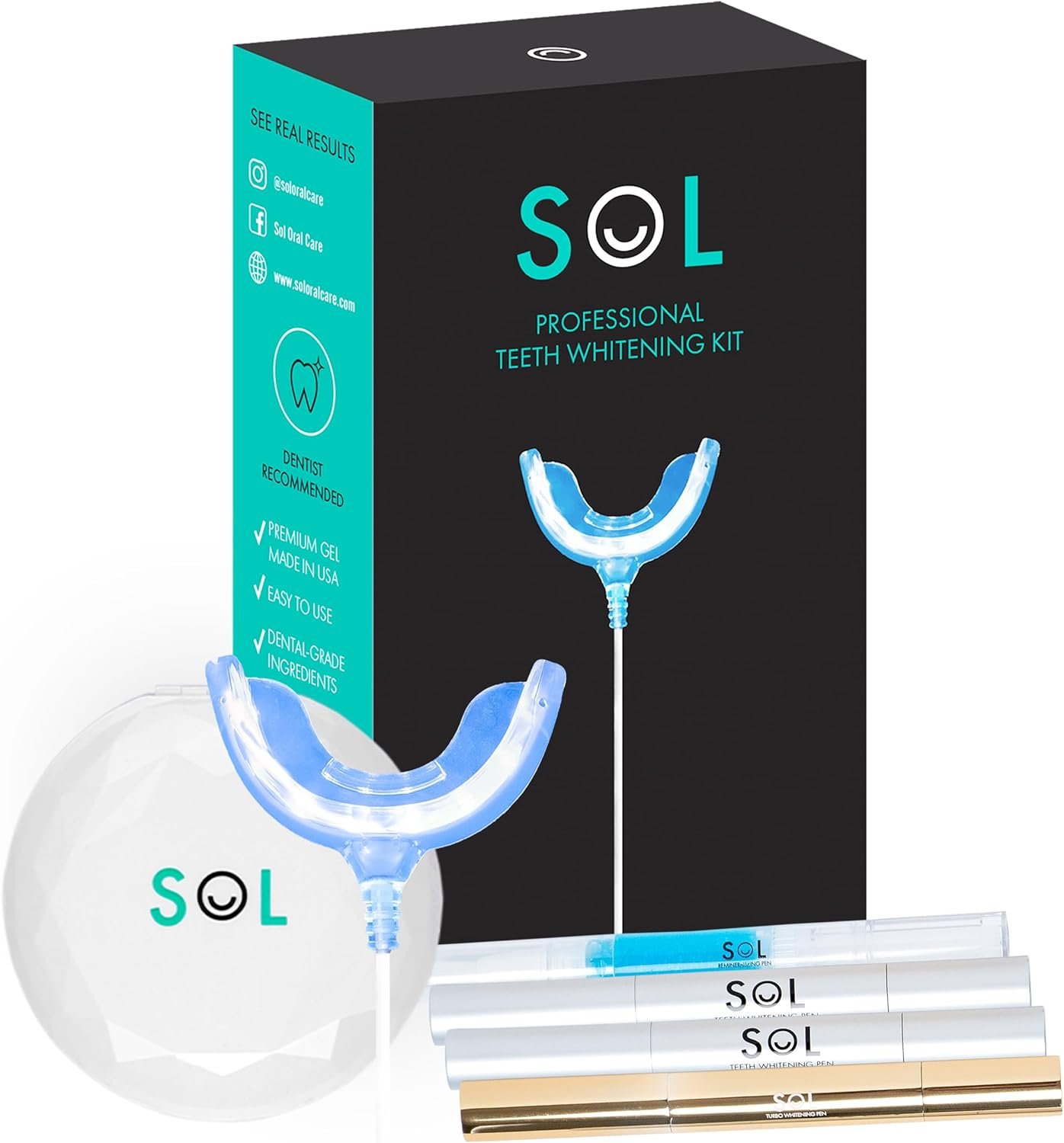 Sol Professional Teeth Whitening Kit with LED Light, Non-Sensitive Fast Tooth Whitener, All Natural, Vegan, 3 Carbamide Peroxide Whitening Gel 1 Remineralizing Pen, Shade Guide Case, 50 Sessions