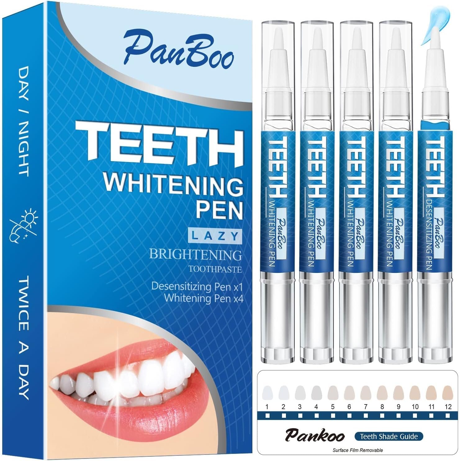 Teeth Whitening Pen 4+1, Use Twice a Day Up to 1-6 Shade Whiter in 1-2 Weeks, 4 Pens, 1 Desensitising Pen, 70+ Treatments, Effective, Pain Free and Enamel Safe, Easy at Home