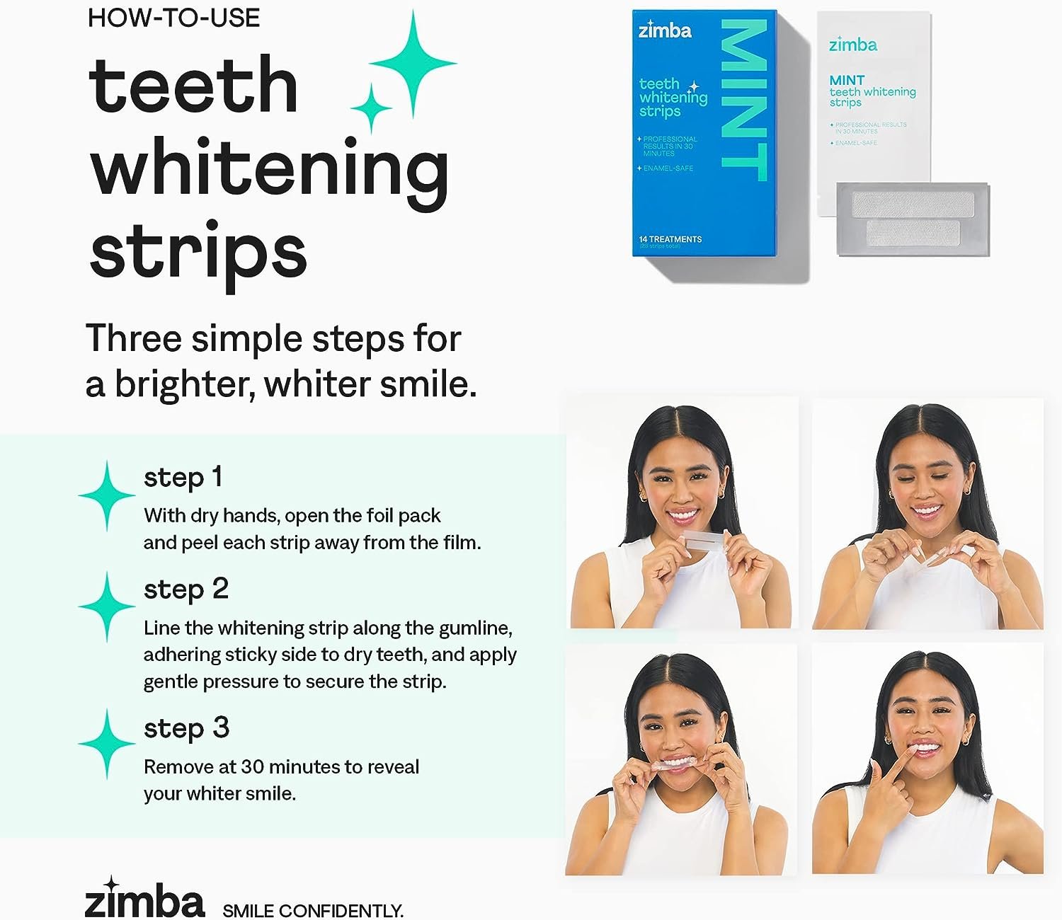 Zimba Teeth Whitening Strips Vegan Whitening Strip Enamel Safe Teeth Whitening Hydrogen Peroxide Teeth Whitener for Coffee, Wine, Tobacco, and Other Stains, 28 Strips (14 Day Treatment), Mint